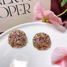 【西洋古董飾品】Sarah Pat Pend沙金葉脈線條梅紅萊茵鑽耳環耳夾
