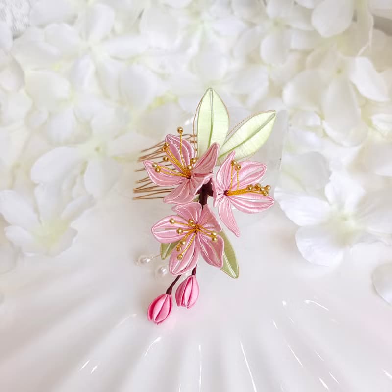 粉色小梅花髮夾 纏花 春仔花 和服發飾 天然真絲 蠶絲