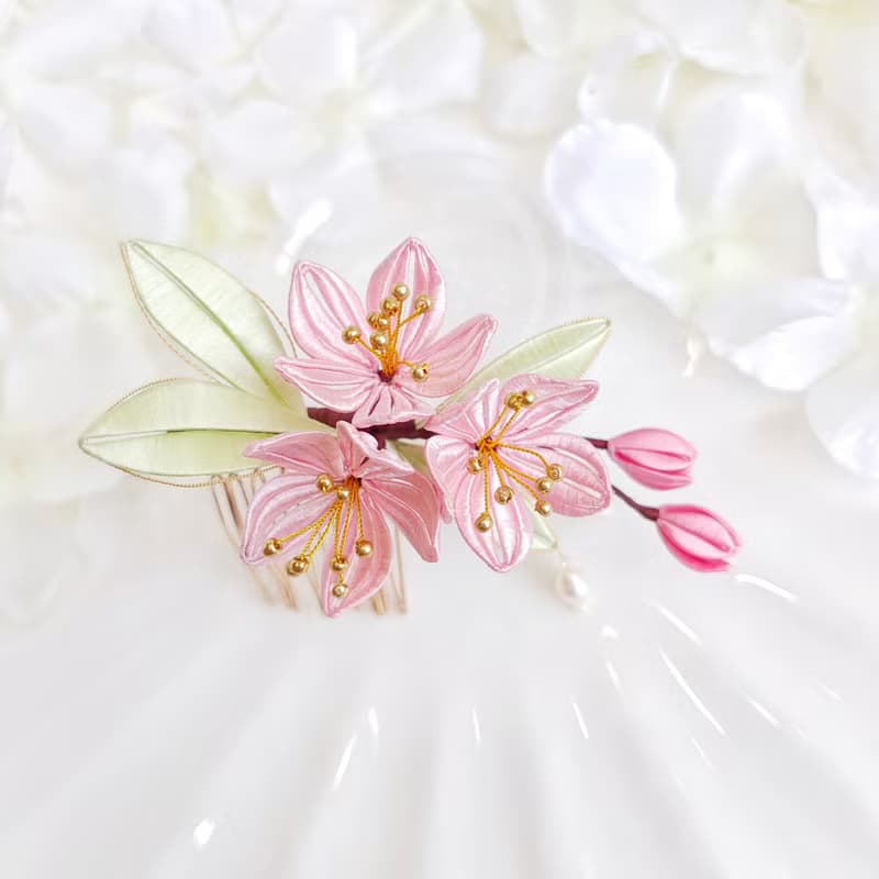 粉色小梅花髮夾 纏花 春仔花 和服發飾 天然真絲 蠶絲