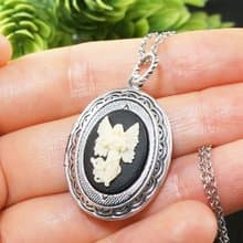 Guardian Angel Cherub Cameo Silver Locket Ivory Black Pendant Necklace Jewelry