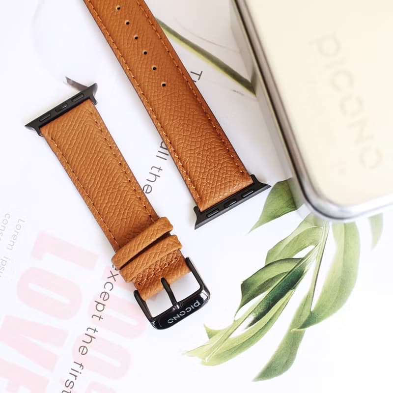 APPLE Watch法國進口棕色荔枝紋真皮錶帶及連接釦 / 四色