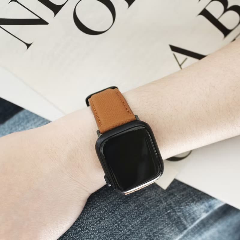APPLE Watch法國進口棕色荔枝紋真皮錶帶及連接釦 / 四色