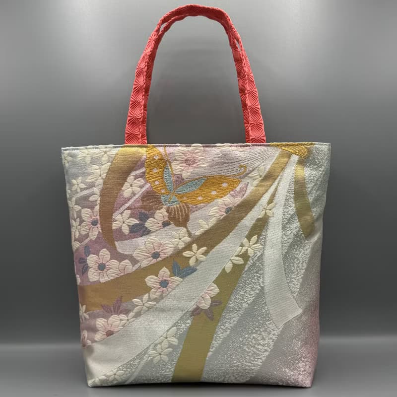 着物 帯 帯締め ハンドメイド トートバッグ リメイク ピンク 金 蝶