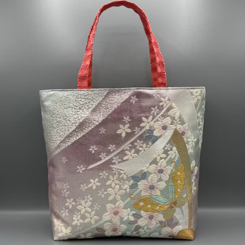 着物 帯 帯締め ハンドメイド トートバッグ リメイク ピンク 金 蝶