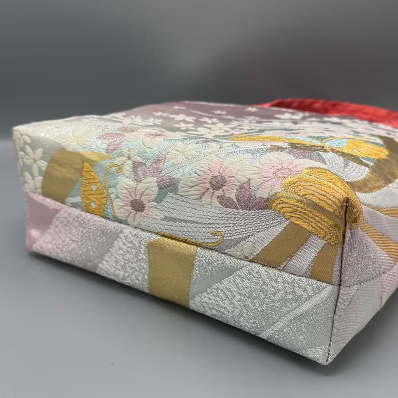 着物 帯 帯締め ハンドメイド トートバッグ リメイク ピンク 金 蝶