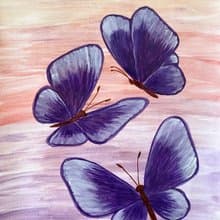 Purple butterflies on a lilac-peach background. Watercolor.