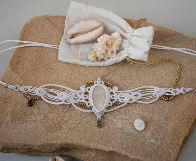 White coral fossile tiara, white macrame choker necklace, bohemian jewelry