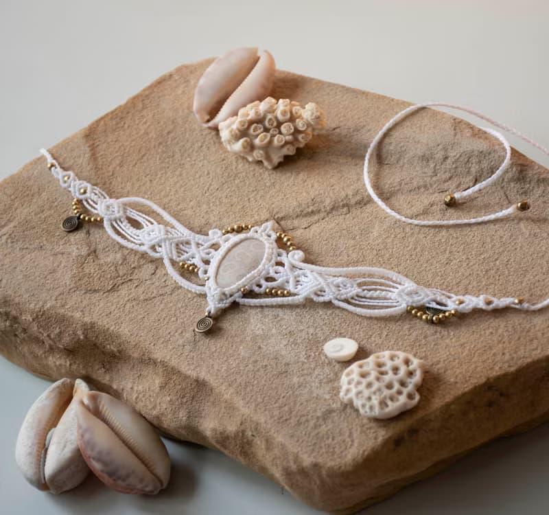 White coral fossile tiara, white macrame choker necklace, bohemian jewelry