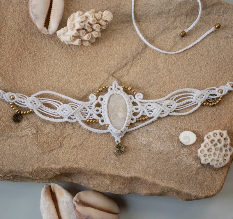 White coral fossile tiara, white macrame choker necklace, bohemian jewelry