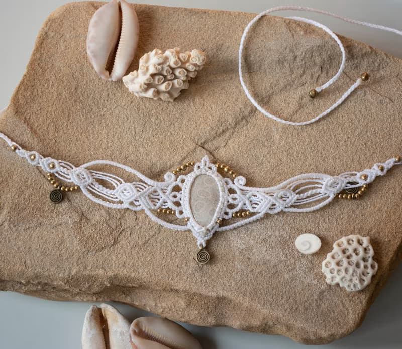 White coral fossile tiara, white macrame choker necklace, bohemian jewelry