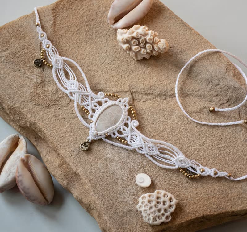 White coral fossile tiara, white macrame choker necklace, bohemian jewelry