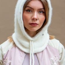Angora knitted white hood. Wool balaclava. Merino knitted hood