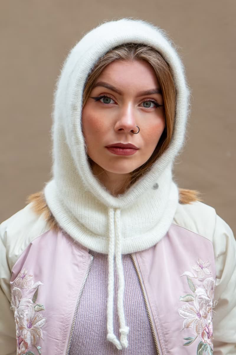 Angora knitted white hood. Wool balaclava. Merino knitted hood