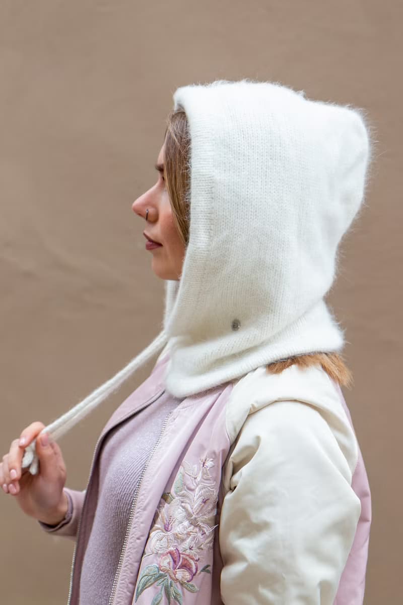Angora knitted white hood. Wool balaclava. Merino knitted hood