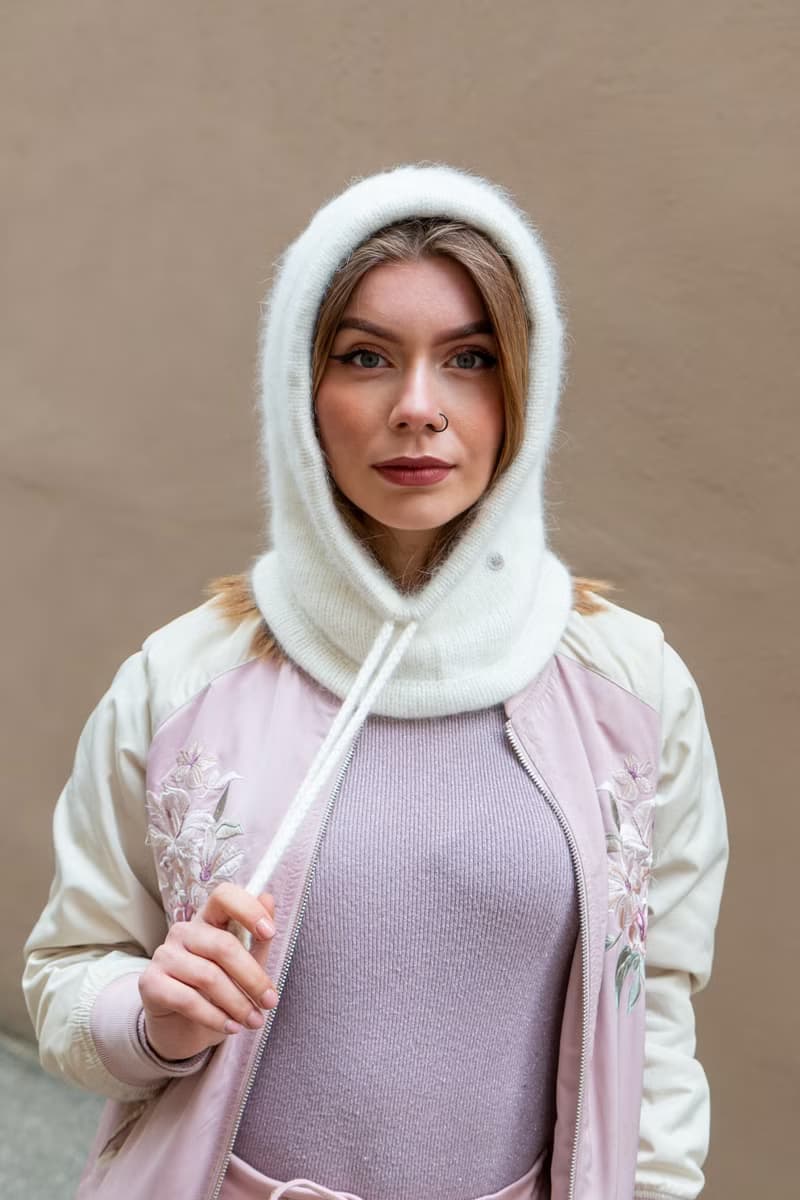 Angora knitted white hood. Wool balaclava. Merino knitted hood