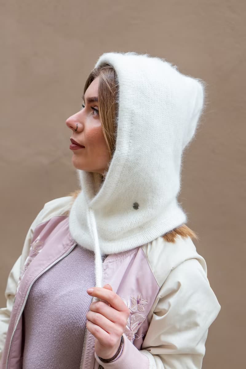 Angora knitted white hood. Wool balaclava. Merino knitted hood