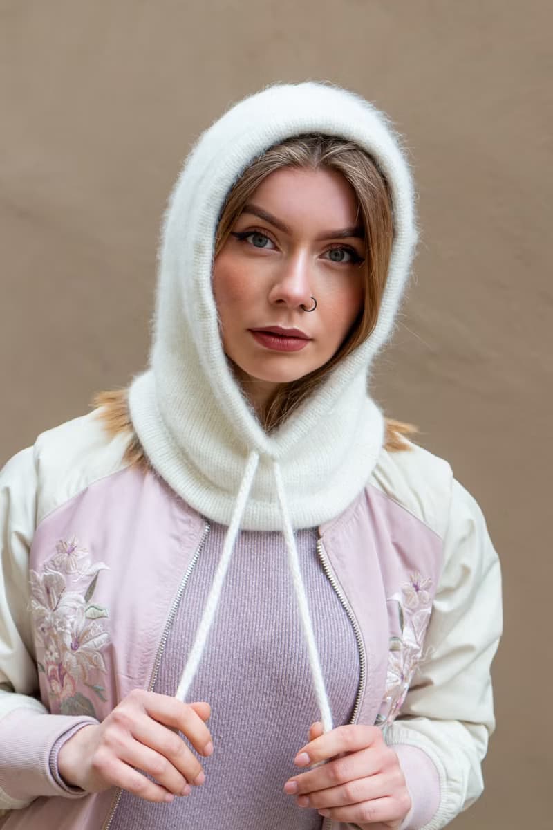 Angora knitted white hood. Wool balaclava. Merino knitted hood