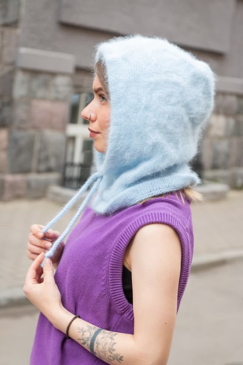Angora knitted white hood. Wool balaclava. Merino knitted hood