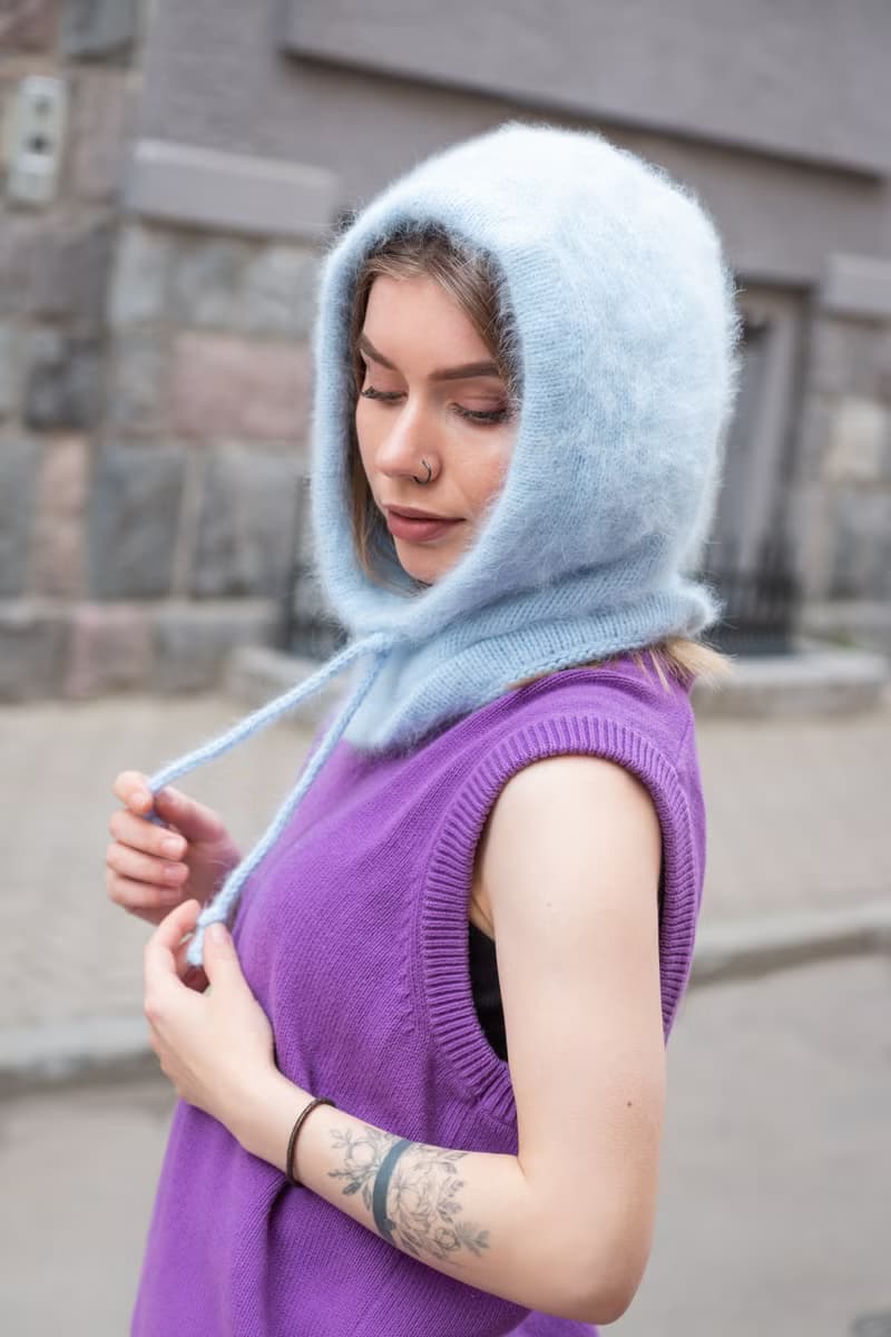 Angora knitted white hood. Wool balaclava. Merino knitted hood