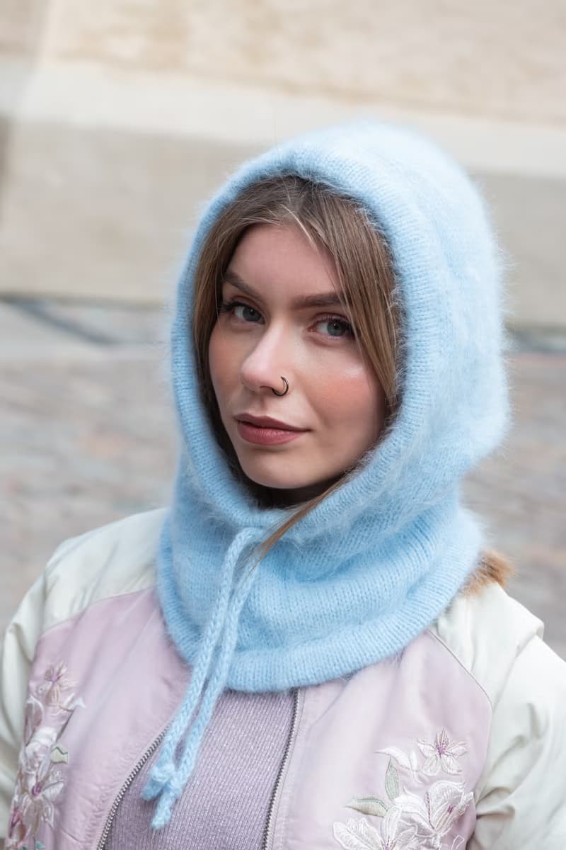 Angora knitted white hood. Wool balaclava. Merino knitted hood