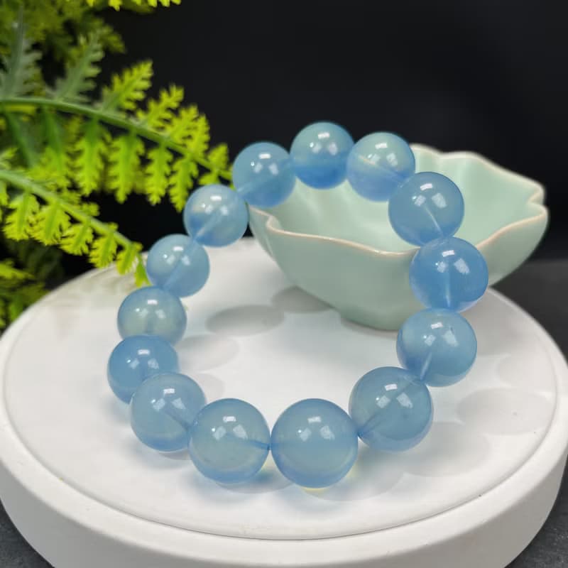 高品質海藍寶手串冰透潤藍大顆粒圓珠單圈手錬女心境祥和16.5mm