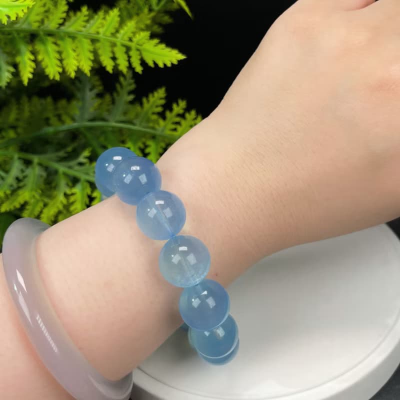 高品質海藍寶手串冰透潤藍大顆粒圓珠單圈手錬女心境祥和16.5mm