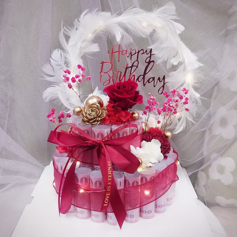 羽你有圓雙層有錢花蛋糕/有錢花蛋糕/永生花/生日禮物/鈔票蛋糕