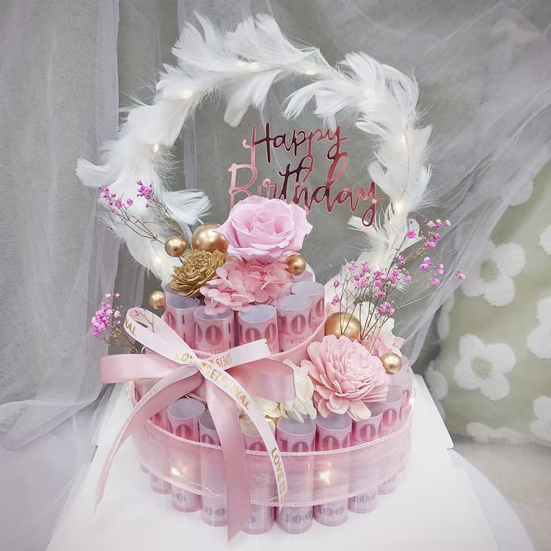 羽你有圓雙層有錢花蛋糕/有錢花蛋糕/永生花/生日禮物/鈔票蛋糕