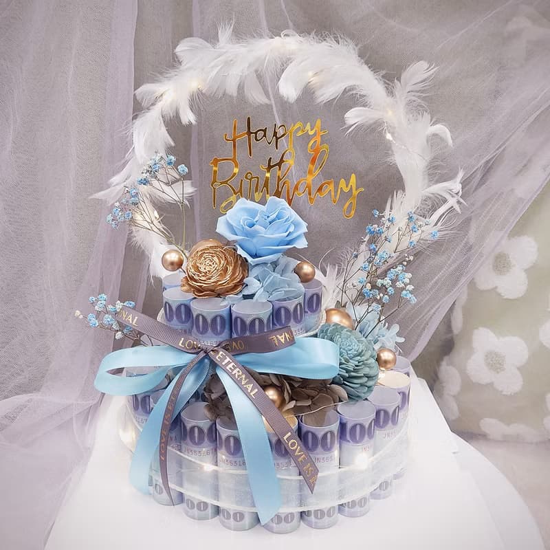 羽你有圓雙層有錢花蛋糕/有錢花蛋糕/永生花/生日禮物/鈔票蛋糕