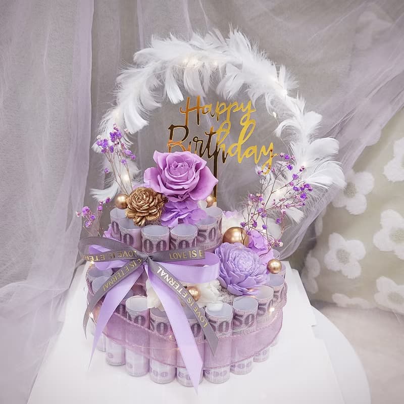 羽你有圓雙層有錢花蛋糕/有錢花蛋糕/永生花/生日禮物/鈔票蛋糕