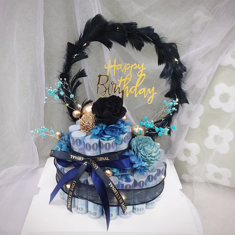 羽你有圓雙層有錢花蛋糕/有錢花蛋糕/永生花/生日禮物/鈔票蛋糕