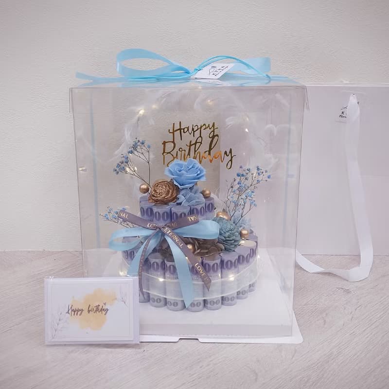 羽你有圓雙層有錢花蛋糕/有錢花蛋糕/永生花/生日禮物/鈔票蛋糕