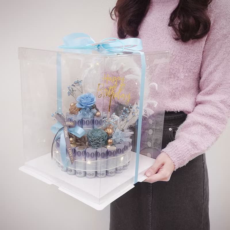 羽你有圓雙層有錢花蛋糕/有錢花蛋糕/永生花/生日禮物/鈔票蛋糕