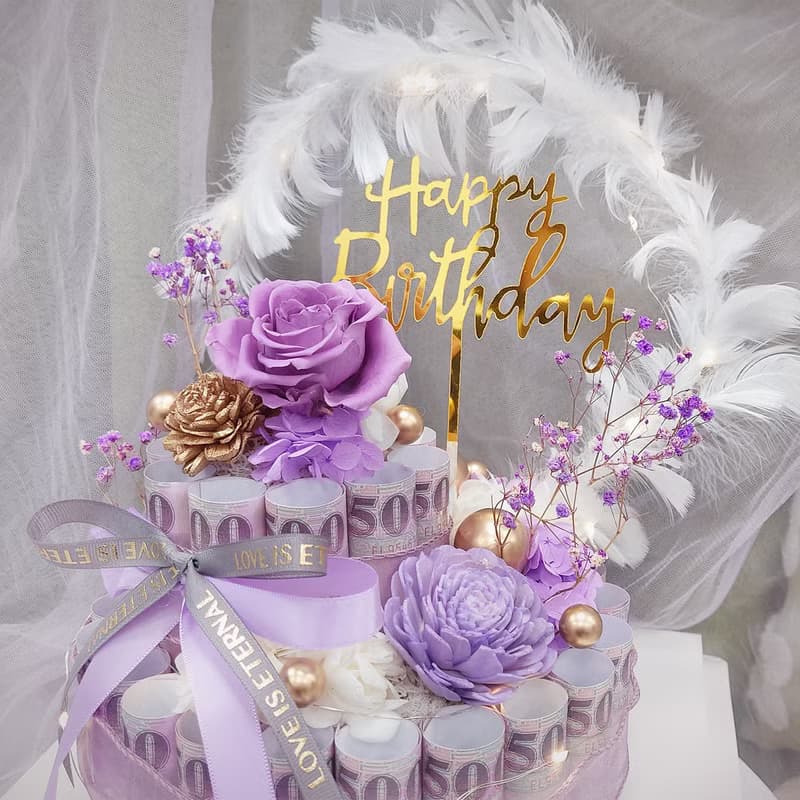 羽你有圓雙層有錢花蛋糕/有錢花蛋糕/永生花/生日禮物/鈔票蛋糕