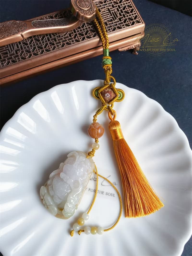 天然緬甸玉 翡翠 金魚 飄花 如意 一葉致富 發財 包掛 禮物 車掛