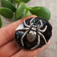 Silver Spider Brooch Black Agate Slice Slab Gemstone Goth Pin Brooch Jewelry