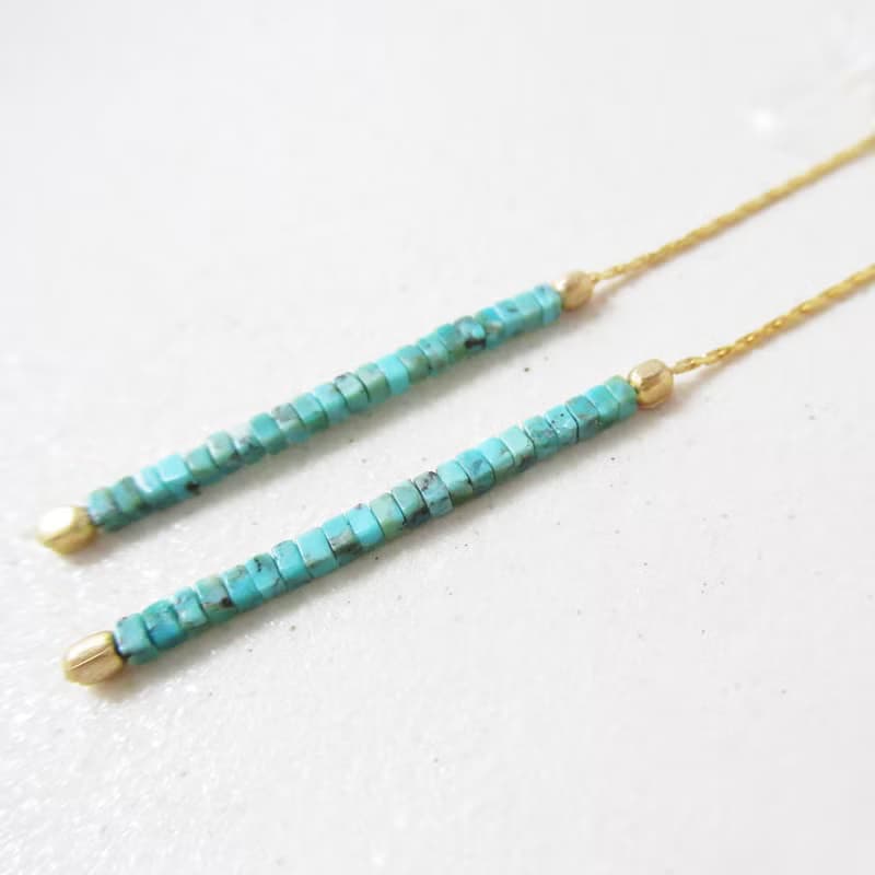 スクエアカットターコイズのチェーンイヤリング、ピアス