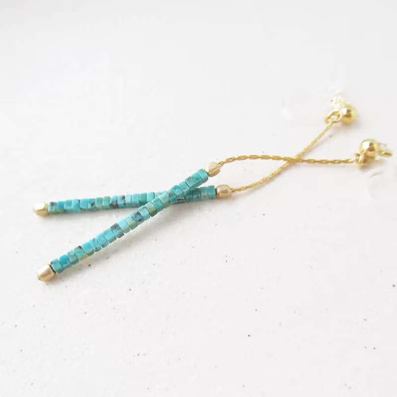 スクエアカットターコイズのチェーンイヤリング、ピアス