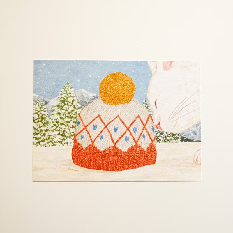明信片 雪地裡的貓與毛線帽 聖誕卡