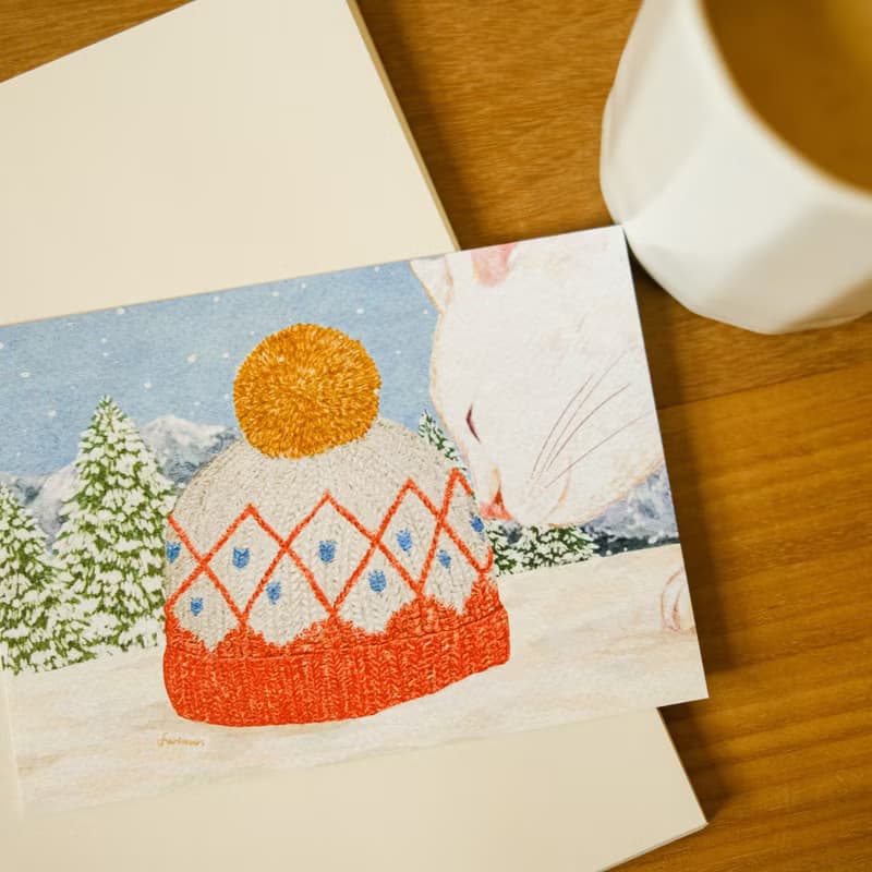 明信片 雪地裡的貓與毛線帽 聖誕卡