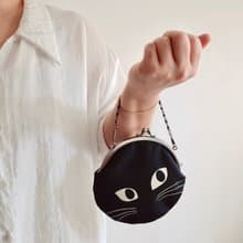 黑貓隨圓包R 京都和服匠人口金包/ 附雙鍊 優雅隨行補妝黑貓守護