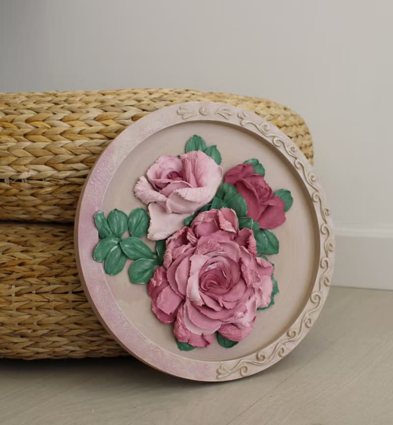 Roses sculpture painting, palette knife flowers, plaster flower art