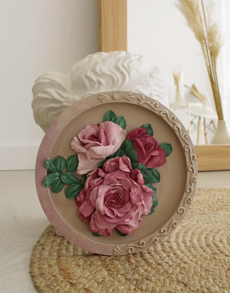 Roses sculpture painting, palette knife flowers, plaster flower art
