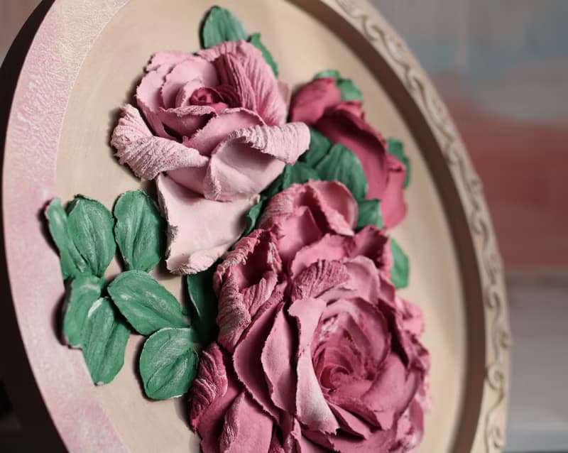 Roses sculpture painting, palette knife flowers, plaster flower art