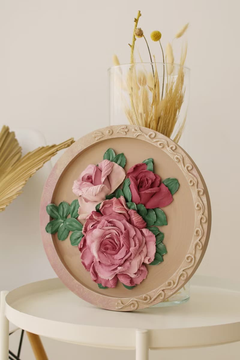 Roses sculpture painting, palette knife flowers, plaster flower art