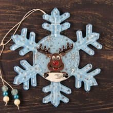 Funny Reindeer Snowflake - Large Christmas Glass Ornament- Hand Painted Decor