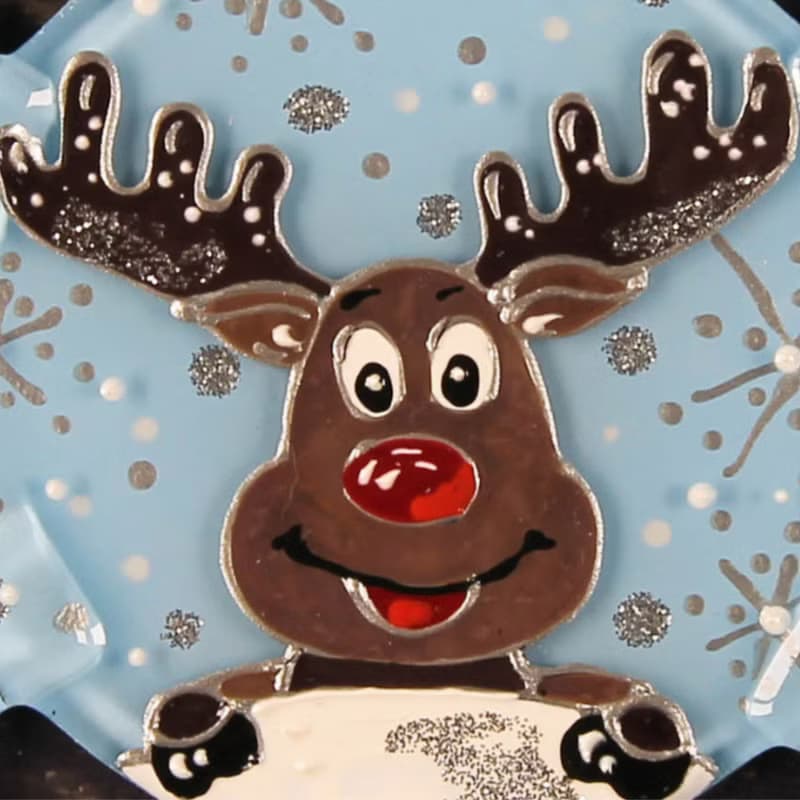Funny Reindeer Snowflake - Large Christmas Glass Ornament- Hand Painted Decor
