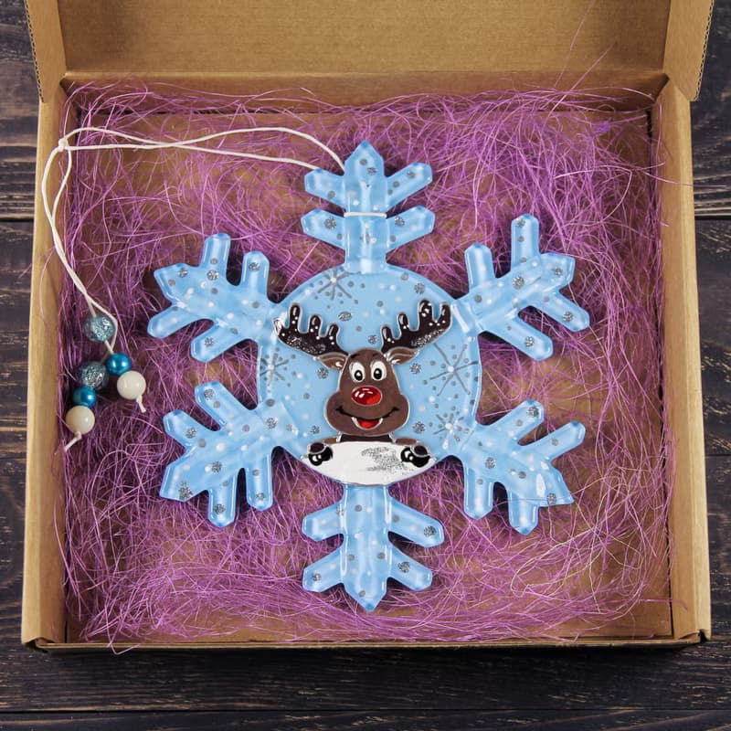 Funny Reindeer Snowflake - Large Christmas Glass Ornament- Hand Painted Decor