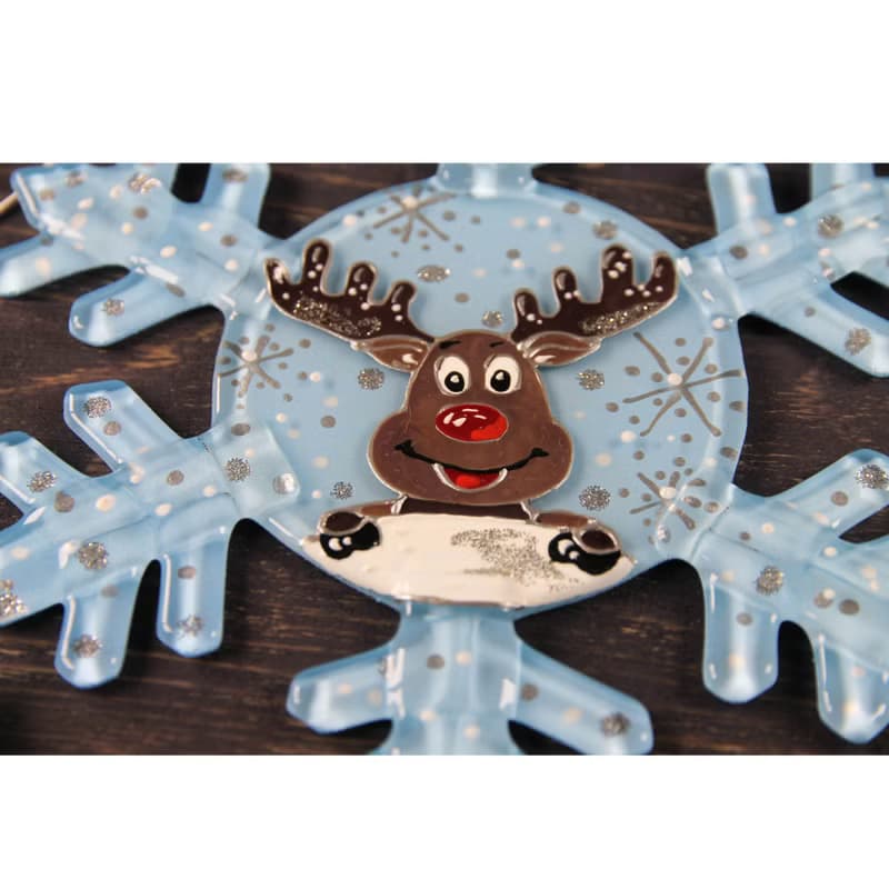 Funny Reindeer Snowflake - Large Christmas Glass Ornament- Hand Painted Decor