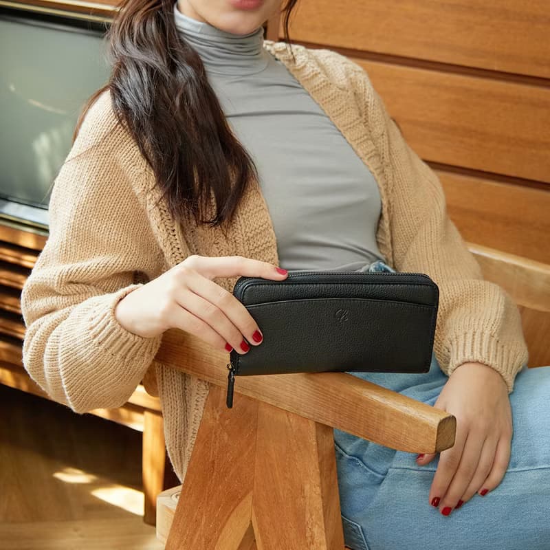 DOLLAR (Black) : Zip around long wallet, cow leather, Black wallet